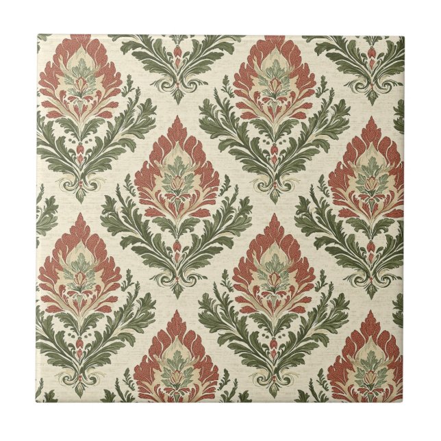 Rustic Vintage Damask Red Green Beige Tile (Front)
