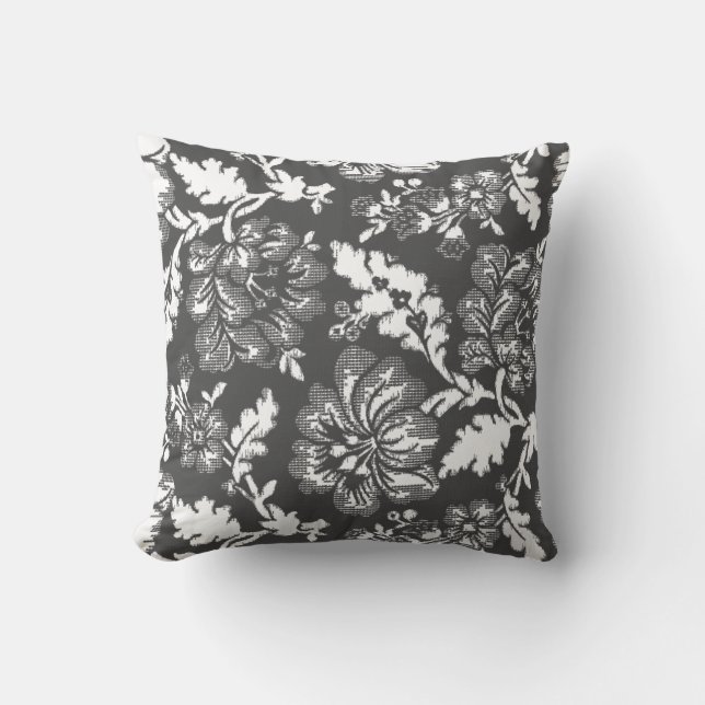 Rustic Vintage Dark Grey Floral Print Cushion (Front)