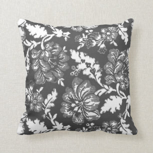 Rustic Vintage Dark Grey Floral Print Cushion