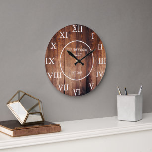 Rustic vintage dark wood family name farmhouse large clock