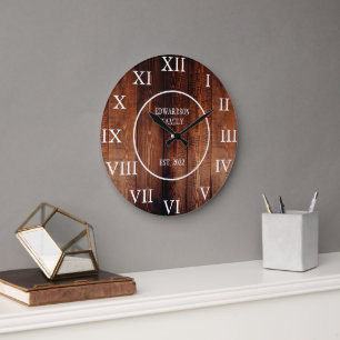 Rustic vintage dark wood family name farmhouse large clock