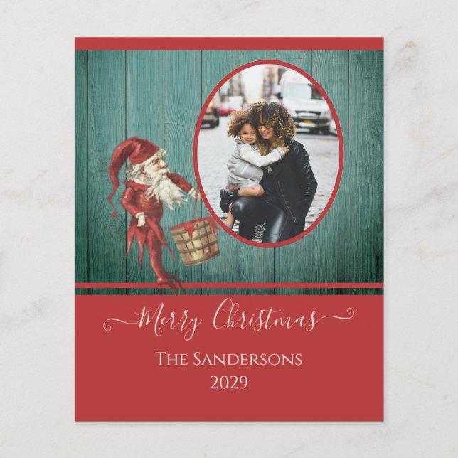 Rustic Vintage Elf Red Green Photo Christmas Card (Front)