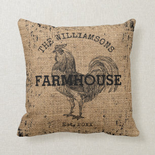 Rustic Vintage Family Name Farmhouse Rooster Cushion