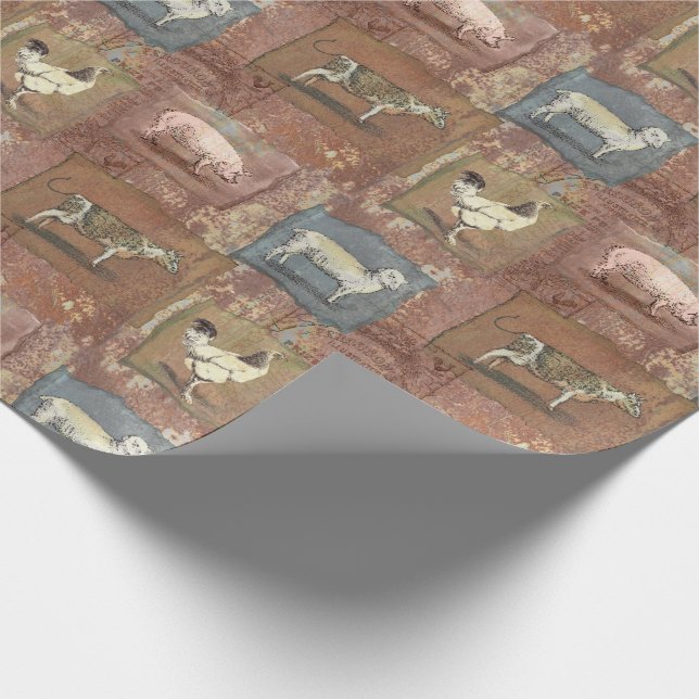 Rustic Vintage Farm Animals Rust Pattern Wrapping Paper (Corner)
