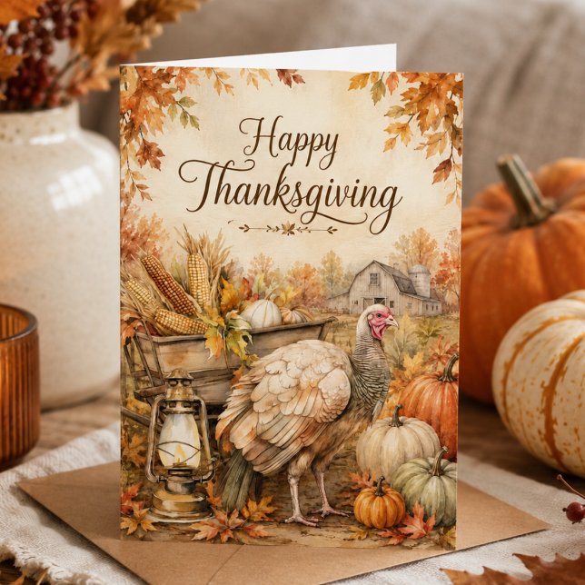 Rustic Vintage Farmhouse Turkey Happy Thanksgiving Card (Creator Uploaded)