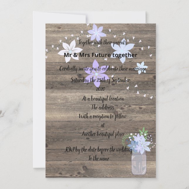 Rustic vintage floral blue mason jar invitation (Front)