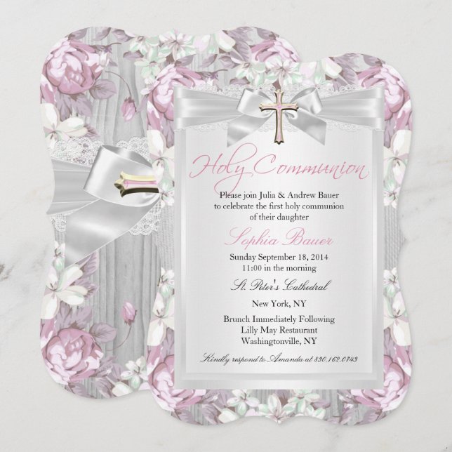 Rustic Vintage Floral First Communion Pink Invitation (Front/Back)