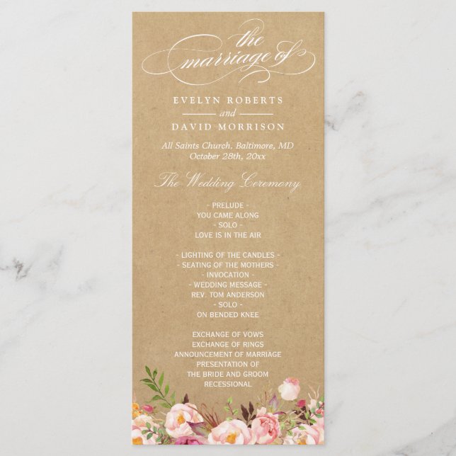 Rustic Vintage Floral Kraft | Wedding Program Programme (Front)