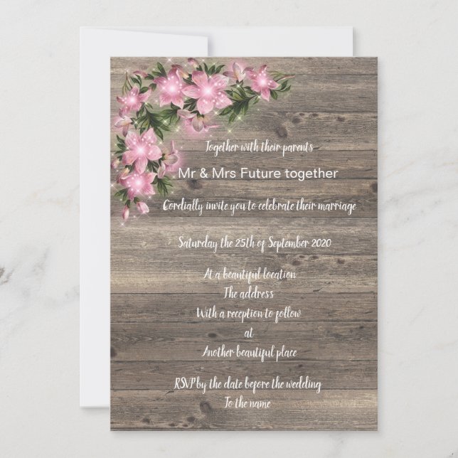 Rustic vintage floral pink wedding invitation (Front)