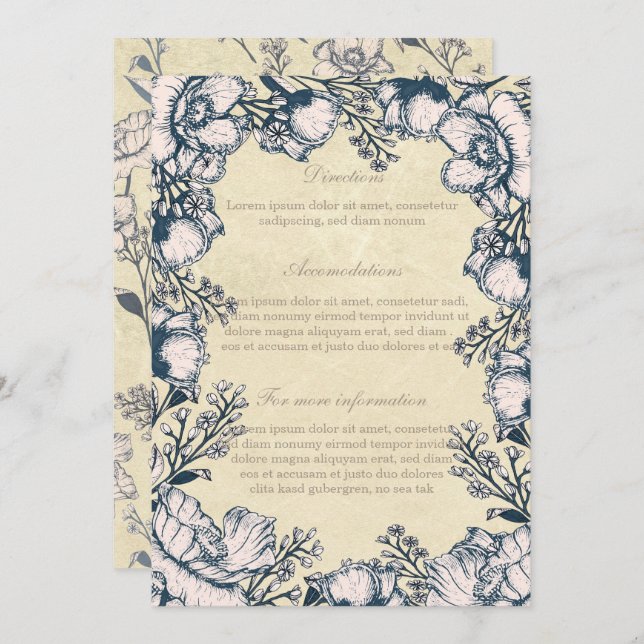 Rustic Vintage Flower Floral Wedding Directions Invitation (Front/Back)