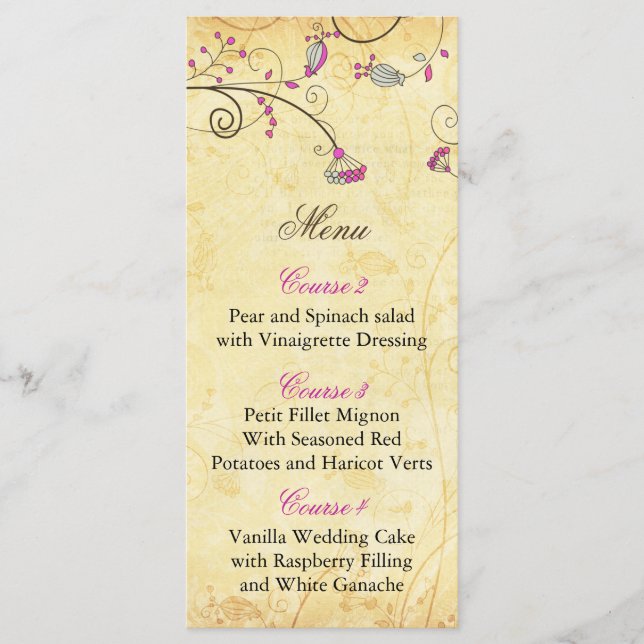 rustic vintage fuchsia floral wedding menu cards (Front)