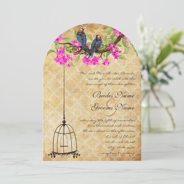 Rustic Vintage Fuchsia Love Bird Birdcage Wedding Invitation (Standing Front)