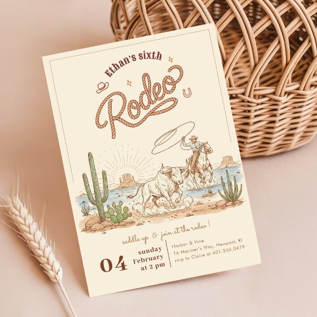 Rustic Vintage Gingham Cowboy Rodeo 6th Birthday Invitation (Creator Uploaded)
