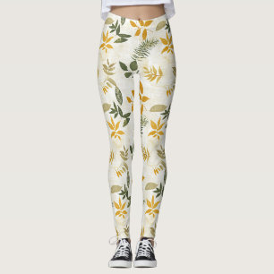 Rustic Vintage Gold and Green Leaves on Cream Leggings
