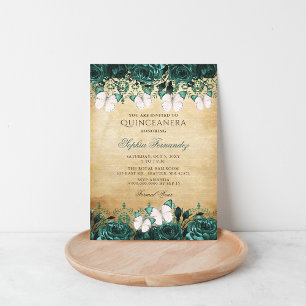 Rustic Vintage Green Floral Butterfly Quinceañera  Invitation