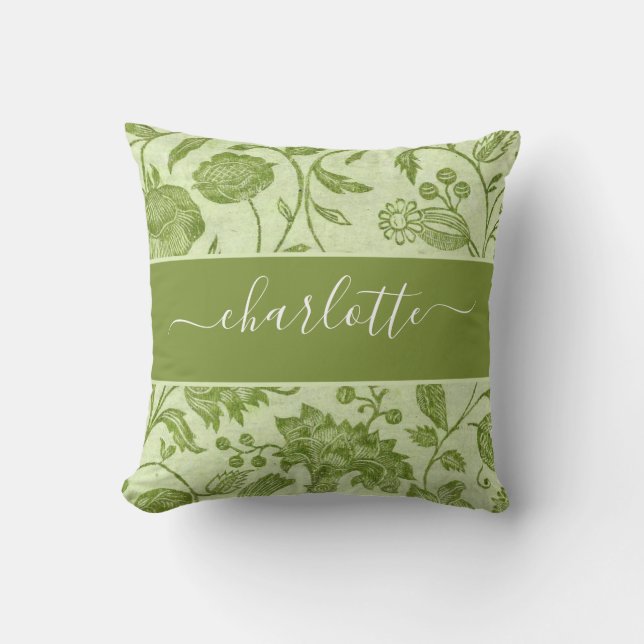 Rustic Vintage Green Floral Cushion (Front)