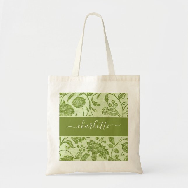 Rustic Vintage Green Floral Tote Bag (Front)