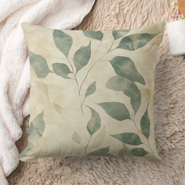 Rustic Vintage Green Leaves on Cream Fall Cushion (Blanket)