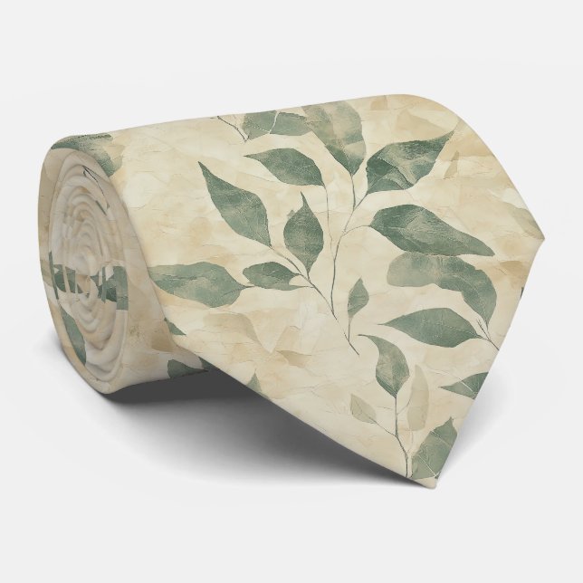 Rustic Vintage Green Leaves on Cream Fall Tie (Rolled)