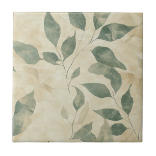 Rustic Vintage Green Leaves on Cream Fall Tile