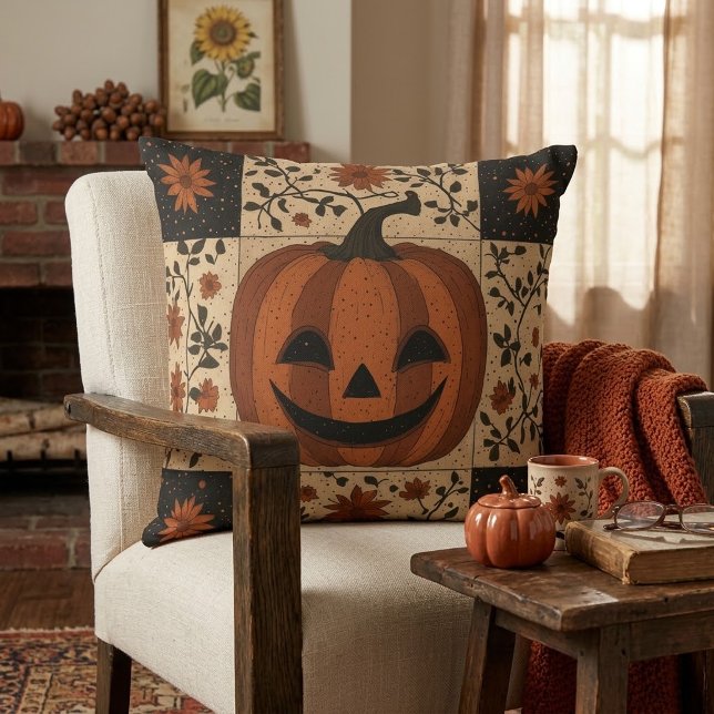 Rustic Vintage Halloween Pumpkin Patchwork Cushion (Creator Uploaded)