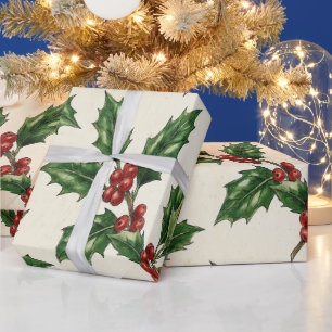 Rustic Vintage Holly and Berries Christmas Wrapping Paper