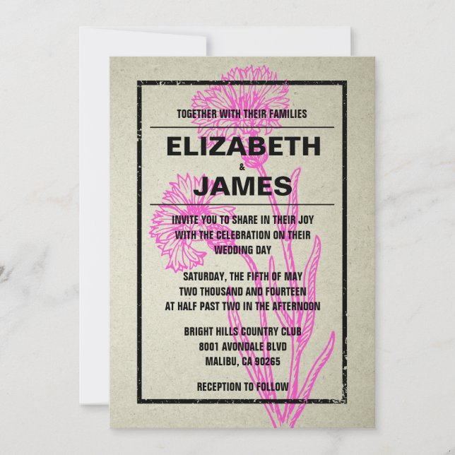 Rustic Vintage Hot Pink Wedding Invitations (Front)