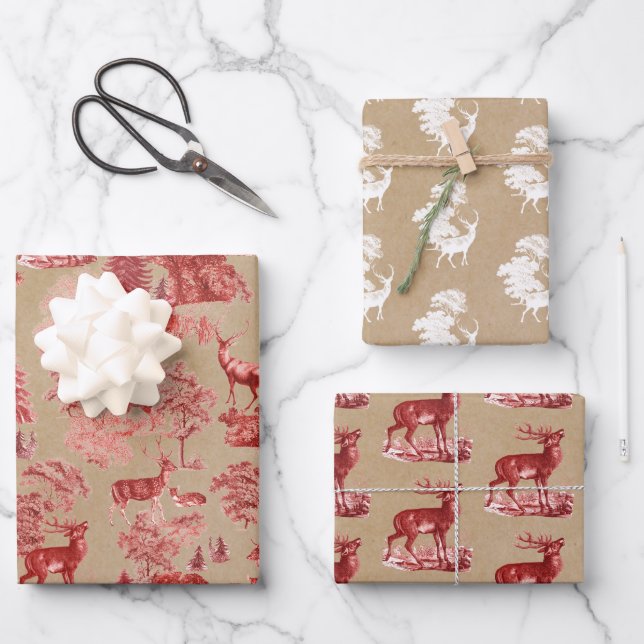 Rustic Vintage Kraft Paper Red Toile Deer (Front)