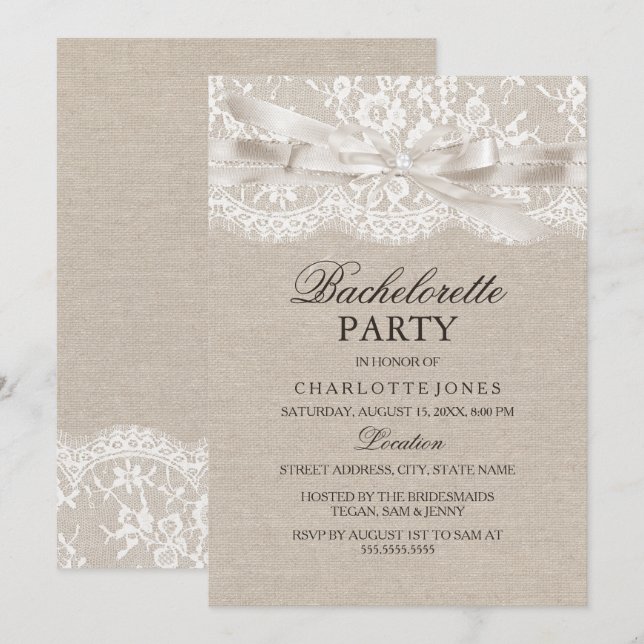 Rustic Vintage Lace Burlap Bachelorette Party Invitation (Front/Back)