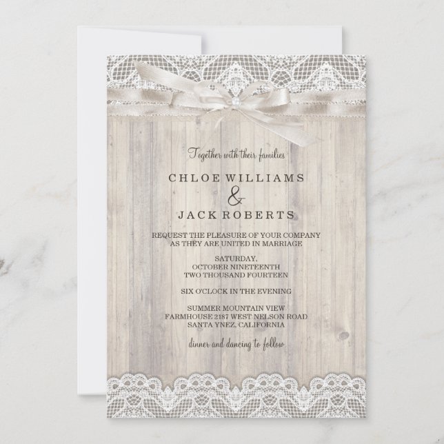 Rustic Vintage Lace & Wood Wedding Invitation (Front)