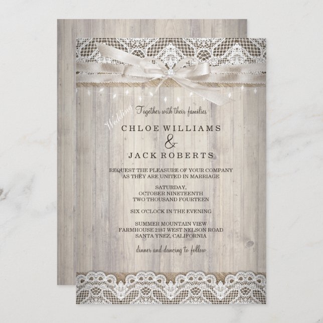 Rustic Vintage Lace Wood Wedding Lights Invitation (Front/Back)