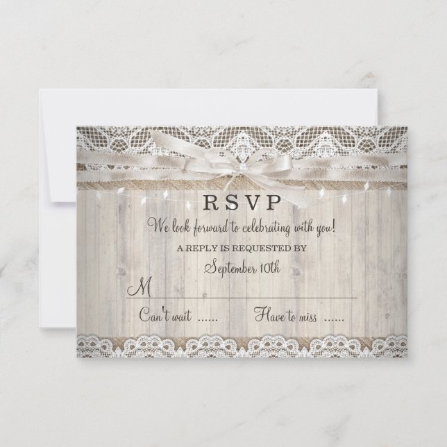 Rustic Vintage Lace Wood Wedding Lights RSVP (Front)