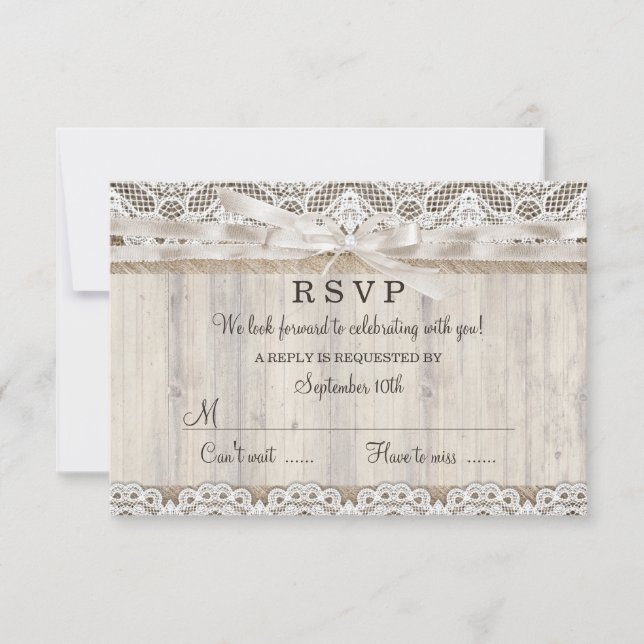 Rustic Vintage Lace & Wood Wedding RSVP Card (Front)