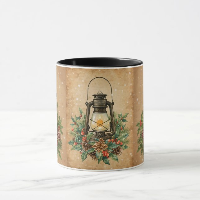 Rustic vintage lantern holly pine cozy festive mug (Center)