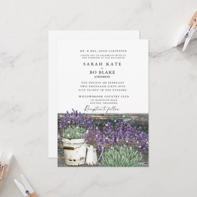 Rustic Vintage Lavender Wood Lights II Wedding Invitation (Front/Back In Situ)