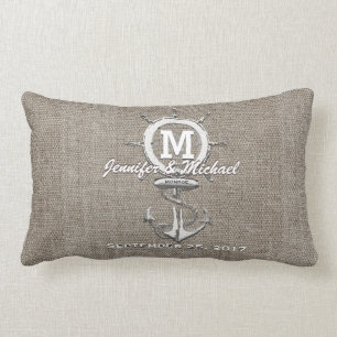 Rustic Vintage Linen with Anchor Nautical Lumbar Cushion