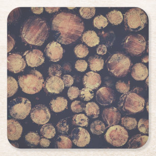 Rustic Vintage Log Pile Square Paper Coaster