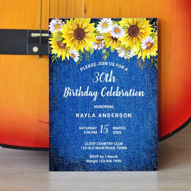 Rustic vintage look blue denim sunflowers daisies invitation (Creator Uploaded)