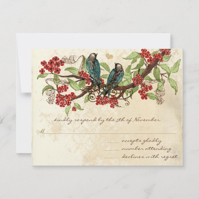 Rustic Vintage Love Bird Red Wedding RSVP Card (Front)