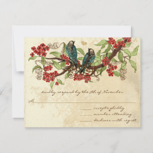 Rustic Vintage Love Bird Red Wedding RSVP Card