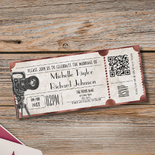 Rustic Vintage Movie Ticket with RSVP QR Code Invitation