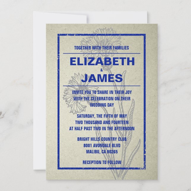 Rustic Vintage Navy Blue Wedding Invitations (Front)