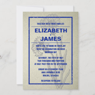 Rustic Vintage Navy Blue Wedding Invitations