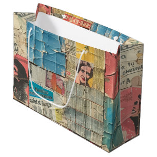Rustic Vintage Newspaper Patchwork Collage (10) Large Gift Bag