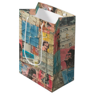 Rustic Vintage Newspaper Patchwork Collage (10) Medium Gift Bag