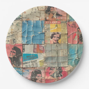 Rustic Vintage Newspaper Patchwork Collage (10) Paper Plate