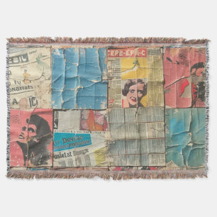 Rustic Vintage Newspaper Patchwork Collage (10) Throw Blanket
