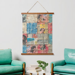 Rustic Vintage Newspaper Patchwork Collage (11) Hanging Tapestry