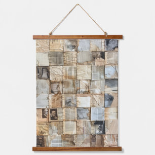 Rustic Vintage Newspaper Patchwork Collage (12) Hanging Tapestry