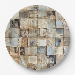 Rustic Vintage Newspaper Patchwork Collage (12) Paper Plate
